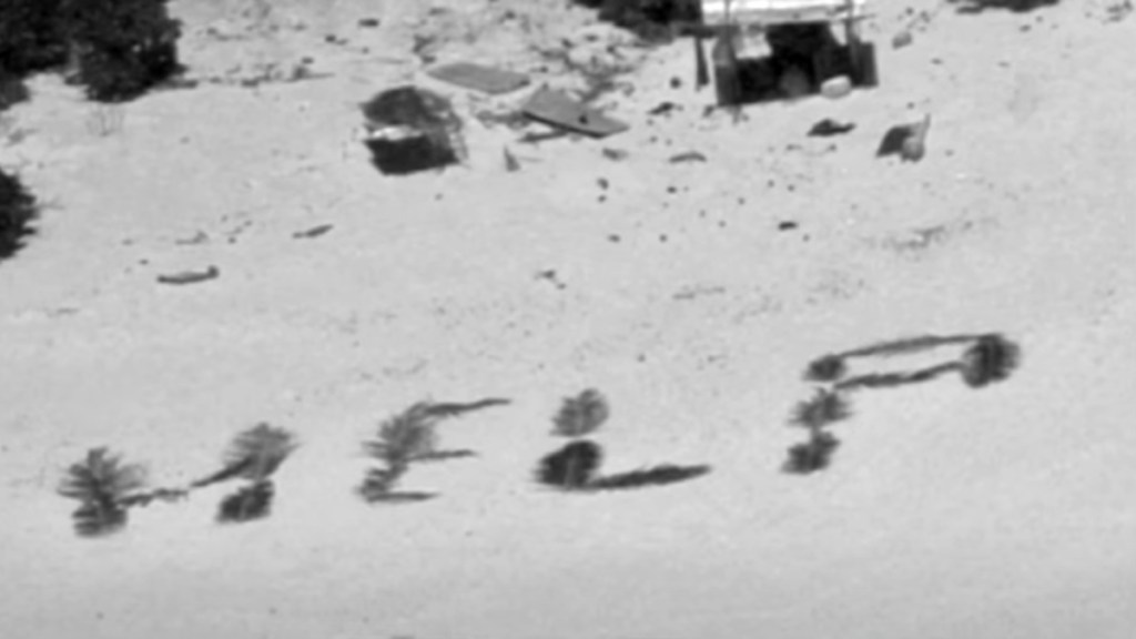 Ariel view of a message on an island spelled out in palm leaves that reads "HELP."