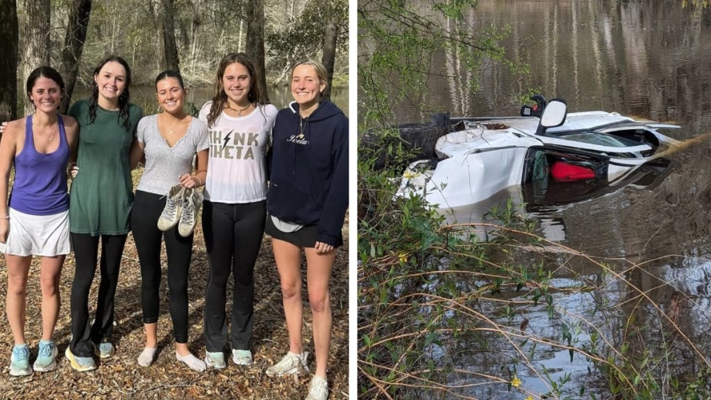 A two-photo collage. The first shows five sorority sisters, Molly McCollum, Jane McArdle, Eleanor Cart, Clarke Jones and Kaitlyn Lannace, smile as they pose together outside in a wooded area. The second image shows a white vehicle half-submerged in water.