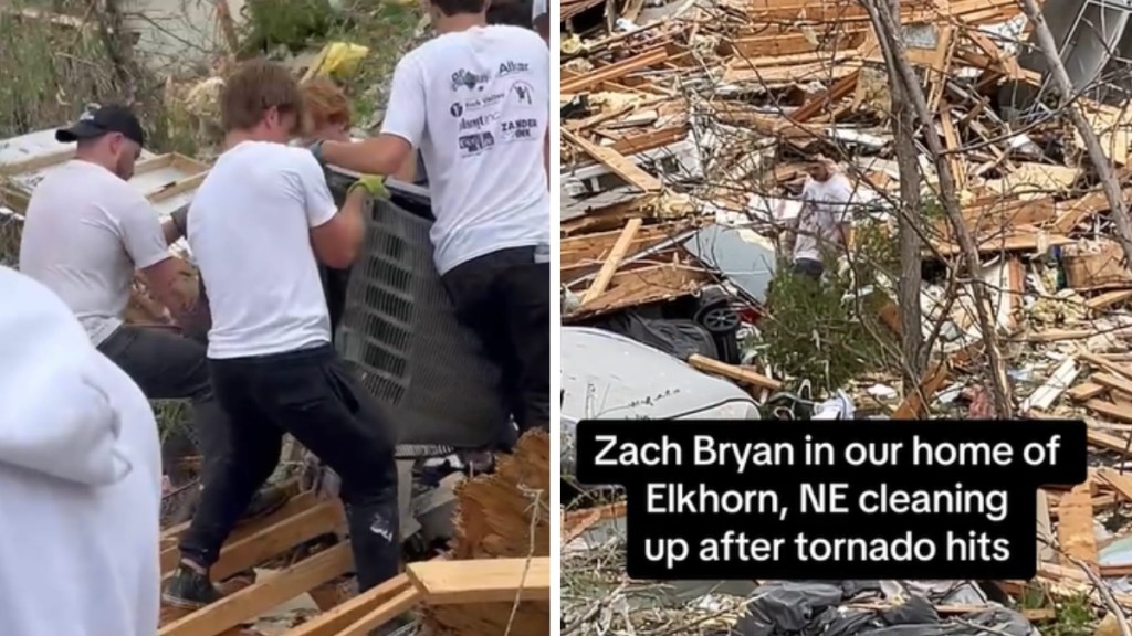 A two-photo collage. The first shows Zach Bryan and a team of others lifting a large object amidst rubble in the aftermath of a tornado. The second image shows Zach Bryan at a distance, amidst rubble, cleaning up. Text on the image reads: Zach Bryan in our home of Elkhorn, NE cleaning up after tornado hits