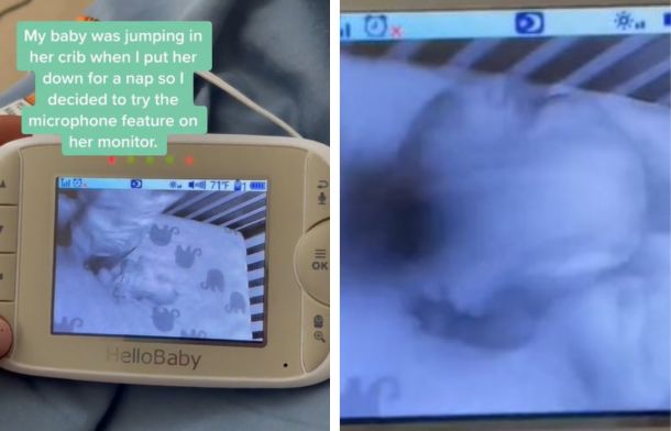 Left image shows a baby monitor with a baby bouncing during nap time. Image shows the moment the daughter tries to act like she wasn't doing anything wrong.
