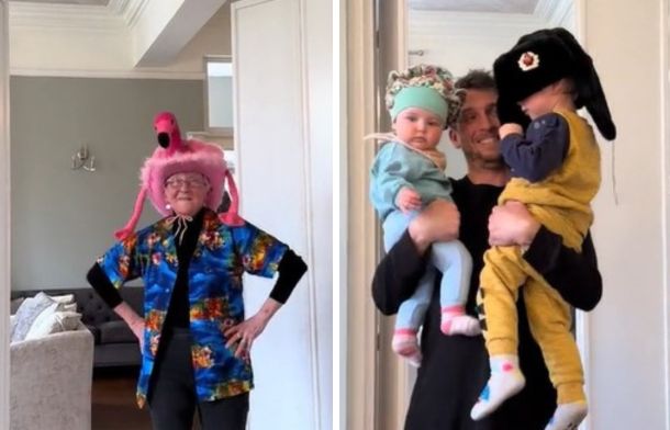 Left image shows a grandma in a crazy flamingo hat. Right image shows a dad carrying two children, each wearing a crazy hat.