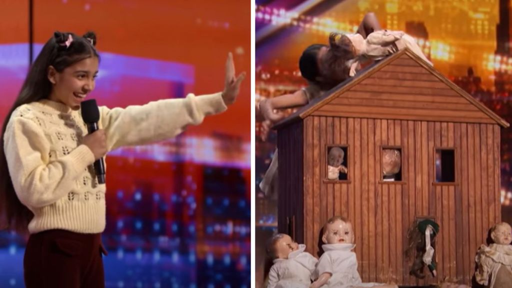 Left image shows Arshiya Sharma during her America's Got Talent opening interview. Right image shows a transformed Arshiya beginning her haunting dance routine.
