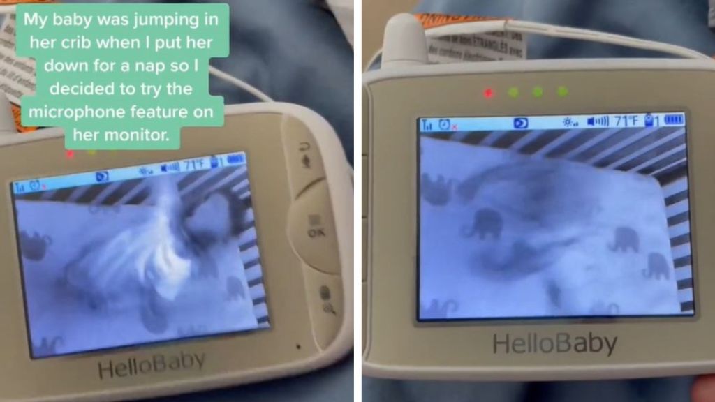 Left image shows a toddler bouncing in a crib. Right image shows the toddler reacting to hearing her mom's voice over the speaker in the baby monitor.