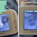 Left image shows a toddler bouncing in a crib. Right image shows the toddler reacting to hearing her mom's voice over the speaker in the baby monitor.