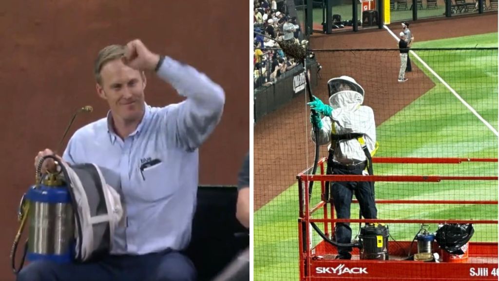 Left image shows a bee expert arriving to remove a swarm of bees at Chase Stadium. Right image shows the bee wrangler on a scissor lift using his quipment to humanely trap the bees.