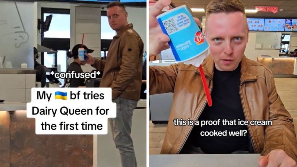Left image shows a man at the Dairy Queen counter holding a DQ Blizzard. Right image shows the Ukrainian man flipping his Blizzard asking if that means it is cooked well.