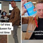 Left image shows a man at the Dairy Queen counter holding a DQ Blizzard. Right image shows the Ukrainian man flipping his Blizzard asking if that means it is cooked well.
