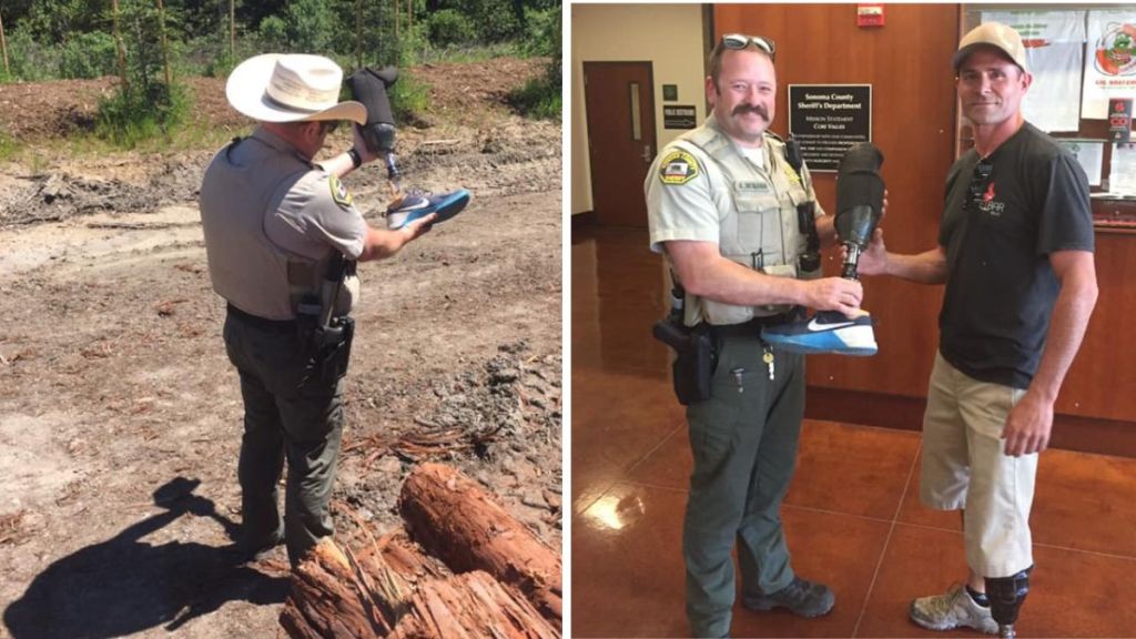 Left image shows a sheriff with a found prosthetic leg. Right image shows the Somona Sheriff returning the leg to its owner.