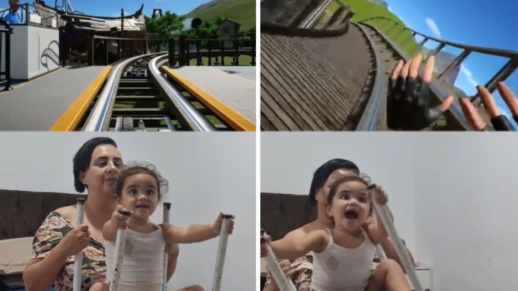 Left image shows a home roller coaster leaving on a virtual ride. Right image shows the young girl screaming joyfully as her mom simualtes the feel of the coaster navigating a curve in the track.