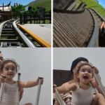 Left image shows a home roller coaster leaving on a virtual ride. Right image shows the young girl screaming joyfully as her mom simualtes the feel of the coaster navigating a curve in the track.