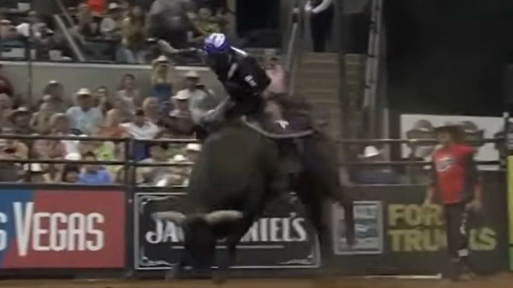 Image shows champion bull rider JB Mauney on his last ride on Artic Assassin.