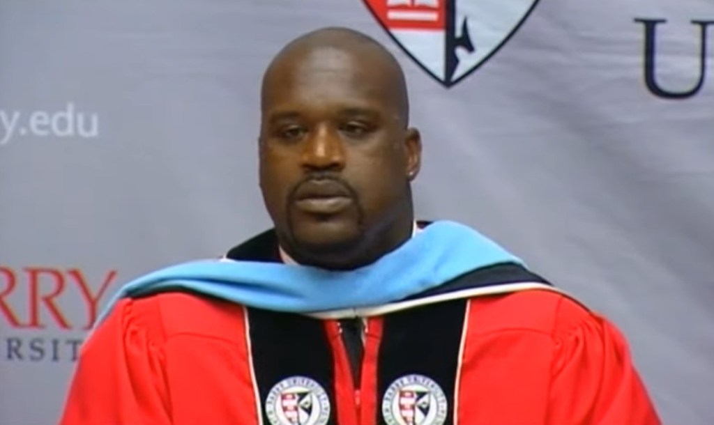Shaq giving a speech at his graduation from Barry University after earning his Ed.D.