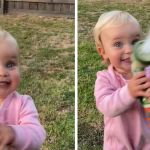 Left image shows a toddler with a hose and a mischievous grin. Right image shows the toddler pointing the hose at her dad.