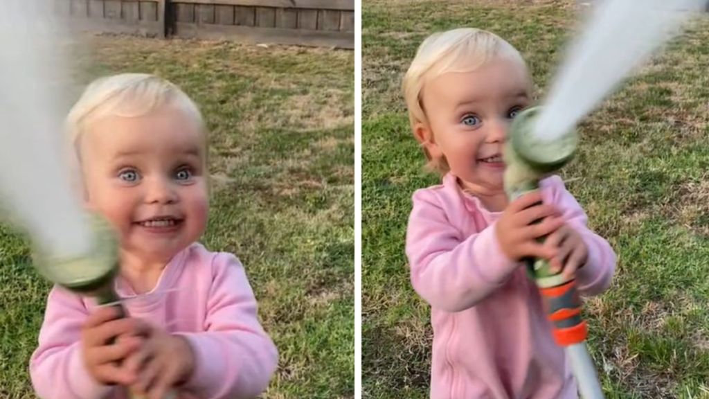 Left image shows a toddler with a hose and a mischievous grin. Right image shows the toddler pointing the hose at her dad.