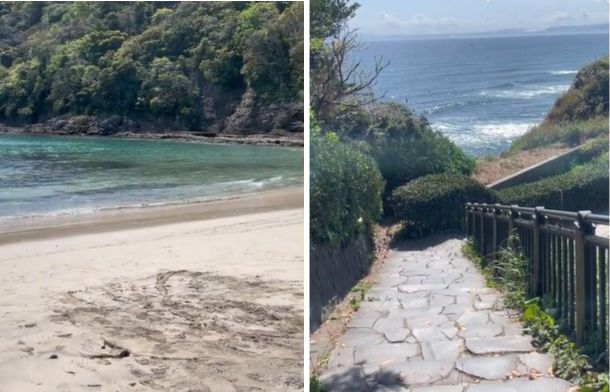Left image shows a serene beach scene. Right image shows a stone staircase leading down to a beach area.