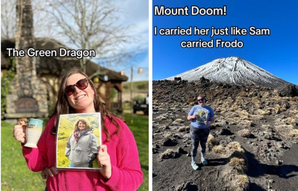 Left image shows the Green Dragon Inn, with Emily raising a toast to her friend, Right image shows Emily on the slope of Mount Doom.