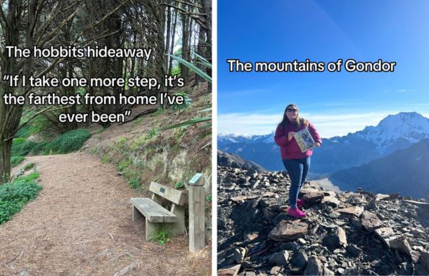 Left image shows the Hobbit Hideaway, a resting spot for travelers. Right image shows her standing on the mountains of Gondor.