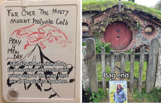 Left image shows a general message explaining about the Lord of the Rings cancer journey. Right image shows the door to Bag End, where Bilbo and Frodo lived.