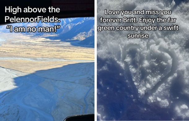 Left image shows the Pelennor Fields where a great battle took place in Lord of the Rings. Right image shows a heart drawn in snow with the message, "Love you and miss you forever Britt. Enjoy the far green country under a swift sunrise."