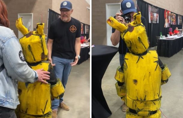 Left image shows a child in a costume meeting Matthew Lillard at a Texas horror movie convention. Right image shows Lillard photographing the young man in costume.