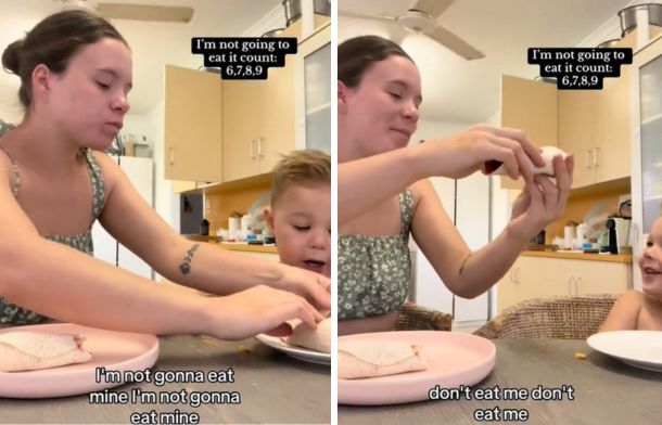 Left image shows a mother helping her toddler roll a burrito, Right image shows her feeding the toddler.