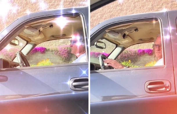 Images show a green truck driven by a grumpy old man with sparkles in the image to signify happiness.
