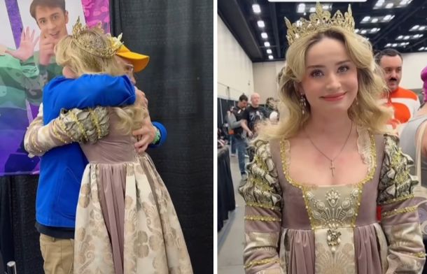 Left image shows Steve Burns of Blue's Clues hugging his first fan - the woman responsible for getting him hired when she was a toddler. Right image shows the woman dressed in her comic convention costume as Queen Astraea.