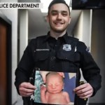 A young man in a police officer uniform smiles as he holds a photo of a baby.