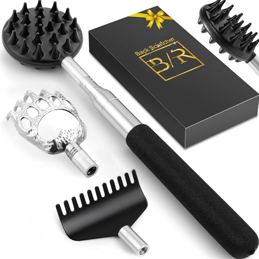 A back scratcher with several detachable heads.