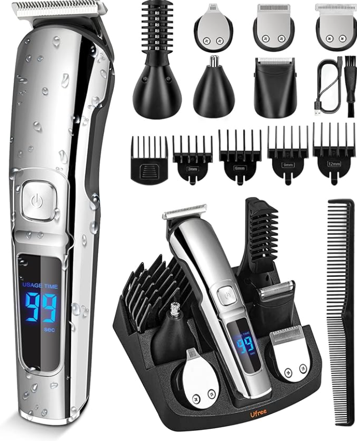 An electric shaver with multiple attachments.