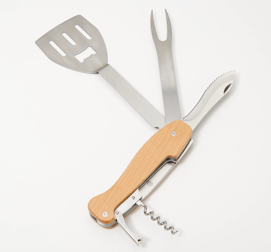 A five-in-one grilling tool with a wooden handle.