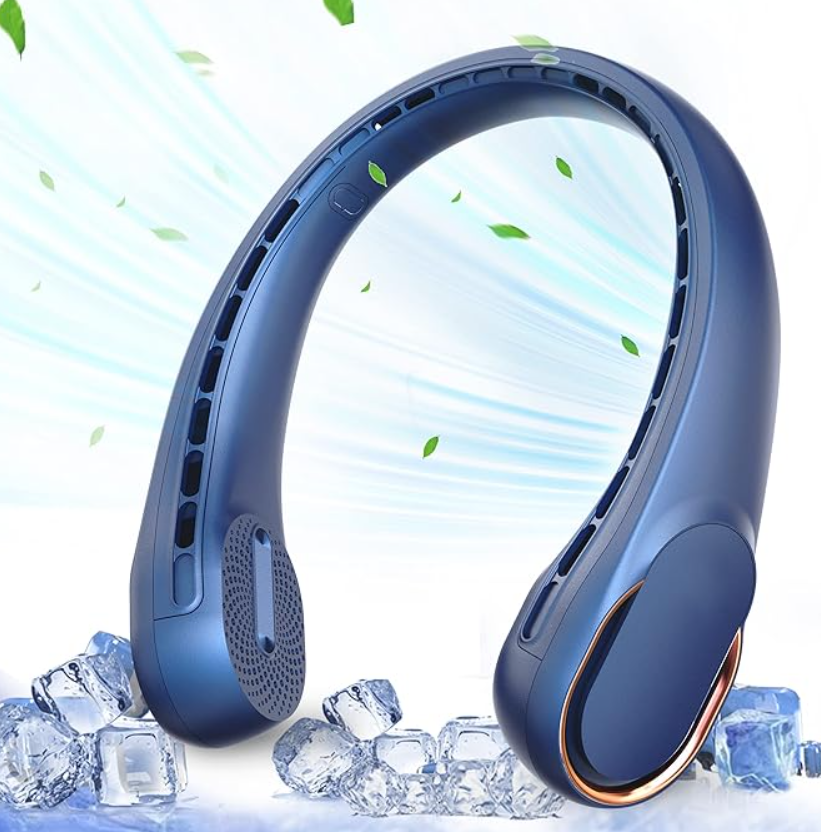 A blue, electric neck fan blowing cooling air.