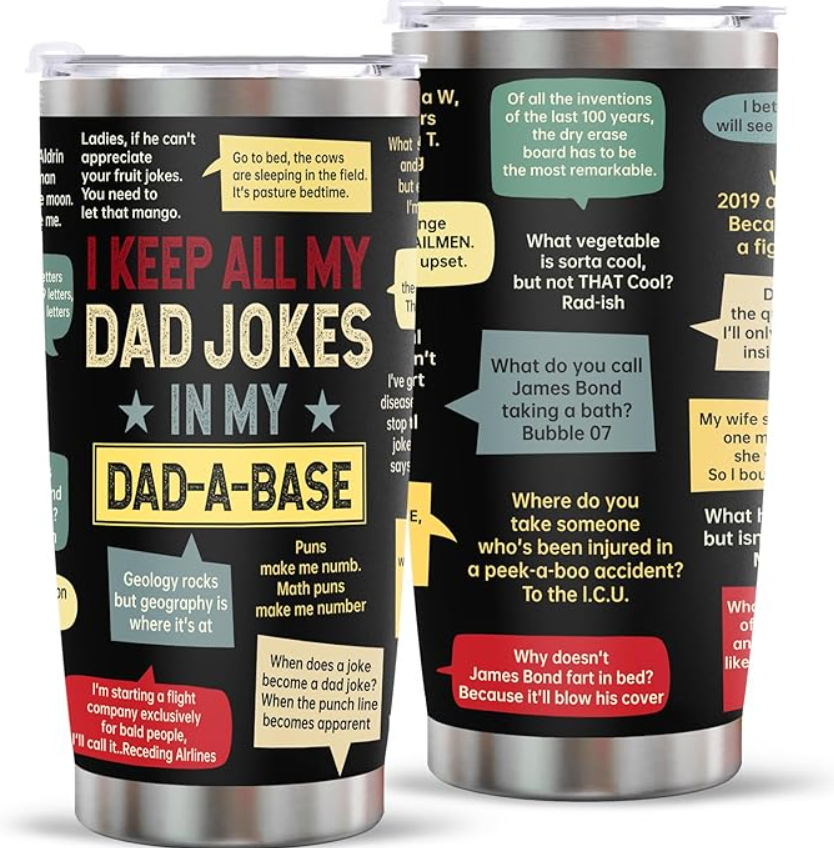 Two black travel mugs with jokes written all over them.