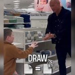 A little kid and Dwayne "The Rock" Johnson play rock, paper, scissors in a Target. Text on the image reads "Draw x2" along with two paper emojis.