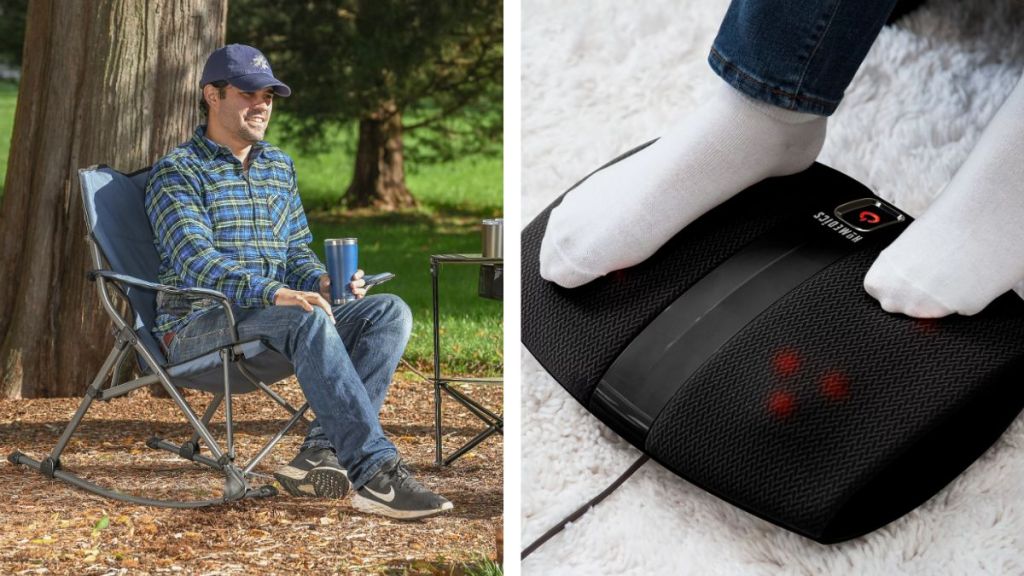 A side-by-side of a man in a folding chair and a foot massager.