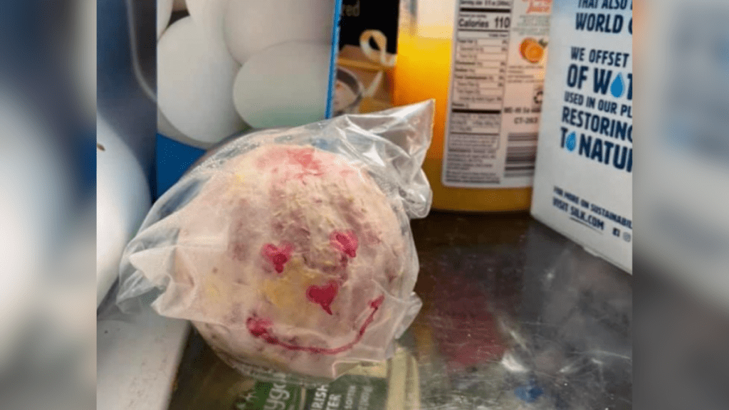 a picture of a peeled orange inside a refrigerator