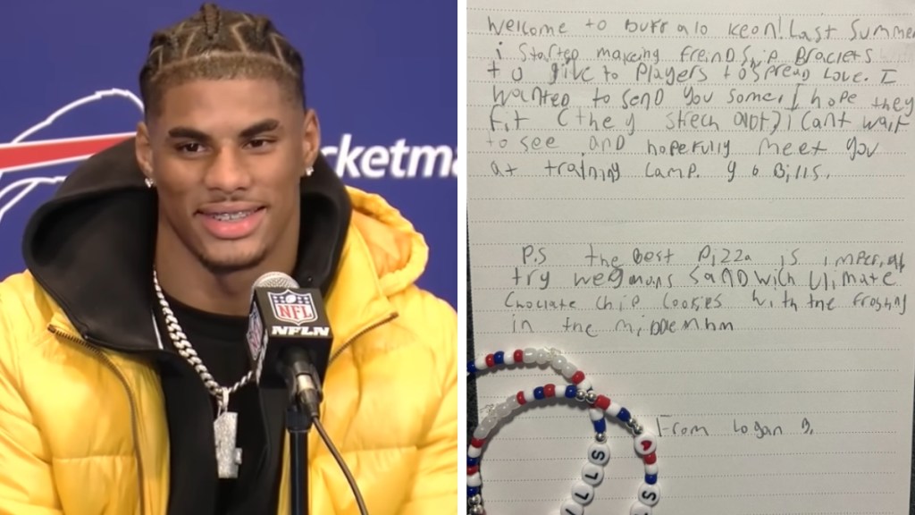 A two-photo collage. The first shows Keon Coleman smiling in front of a mic. The second image shows a letter written by a 9 year old. It reads: Welcome to Buffalo Keon! Last summer I started making friendship bracelets to give to players to spread love. I wanted to send you some. I hope they fit (they stretch out). I can’t wait to see and hopefully meet you at training camp. Go Bills. P.S. the best pizza is Imperial. Try Wegmans Sandwich Ultimate Chocolate Chip Cookies with the frosting in the middle. From Logan B.