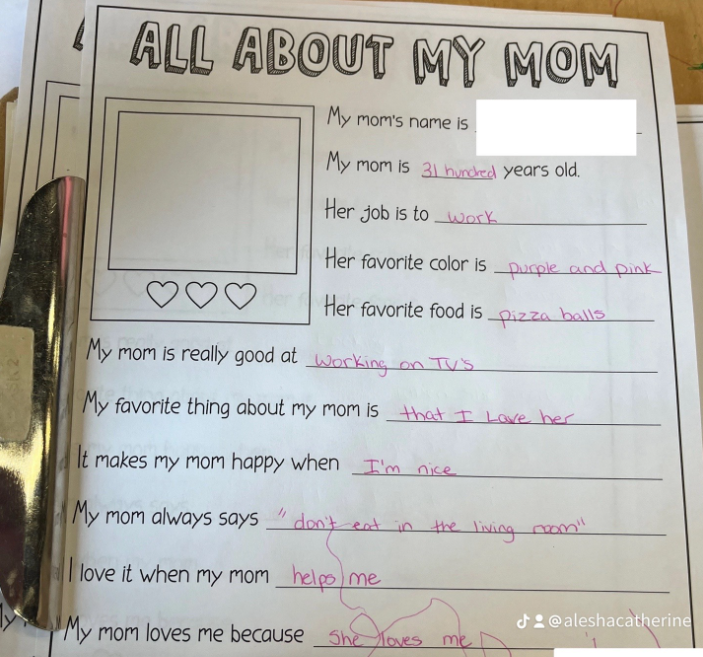 Image shows the answers for age and job from a Kindergarten questionnaire about their moms.