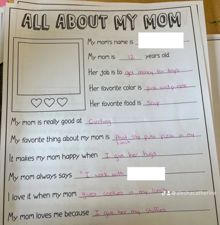 Image shows the answers for age and job from a Kindergarten questionnaire about their moms.