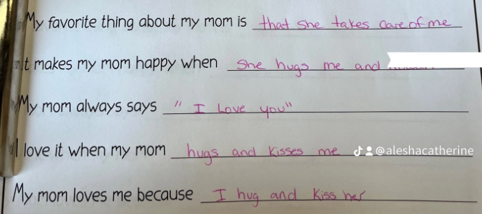 Image shows a portion of a questionnaire for kindergarteners about their moms.