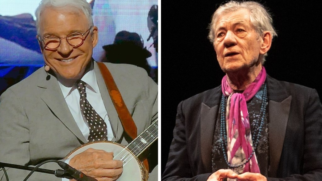 A two-photo collage. The first shows Steve Martin smiling as he plays a banjo. The second image shows Ian McKellen looking off into the distance, a serious look on his face, as he talks on stage.