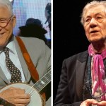 A two-photo collage. The first shows Steve Martin smiling as he plays a banjo. The second image shows Ian McKellen looking off into the distance, a serious look on his face, as he talks on stage.
