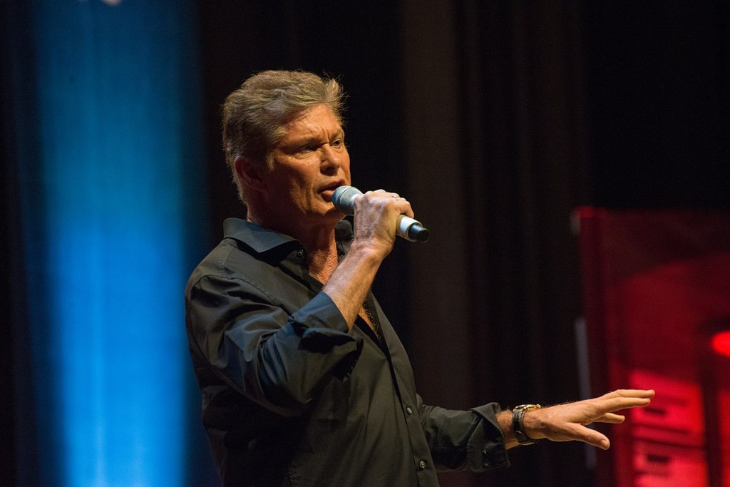 David Hasselhoff talks into a mic on a stage.