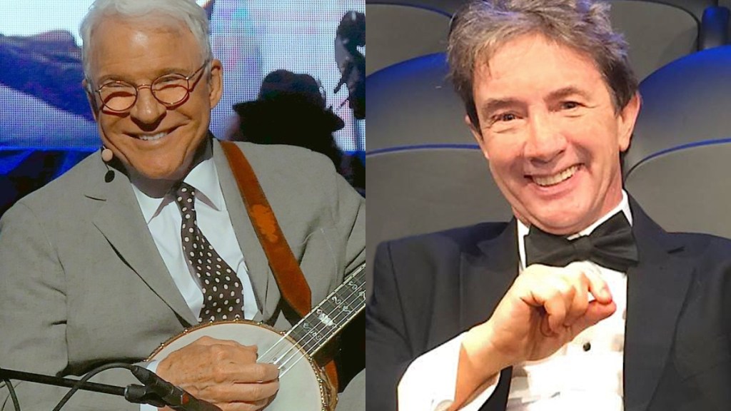 A two-photo collage. The first shows Steve Martin smiling as he plays a banjo. The second image shows a smiling Martin Short.