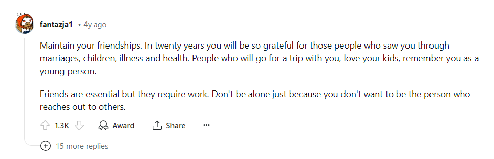 A Reddit comment explaining the importance of friendship.