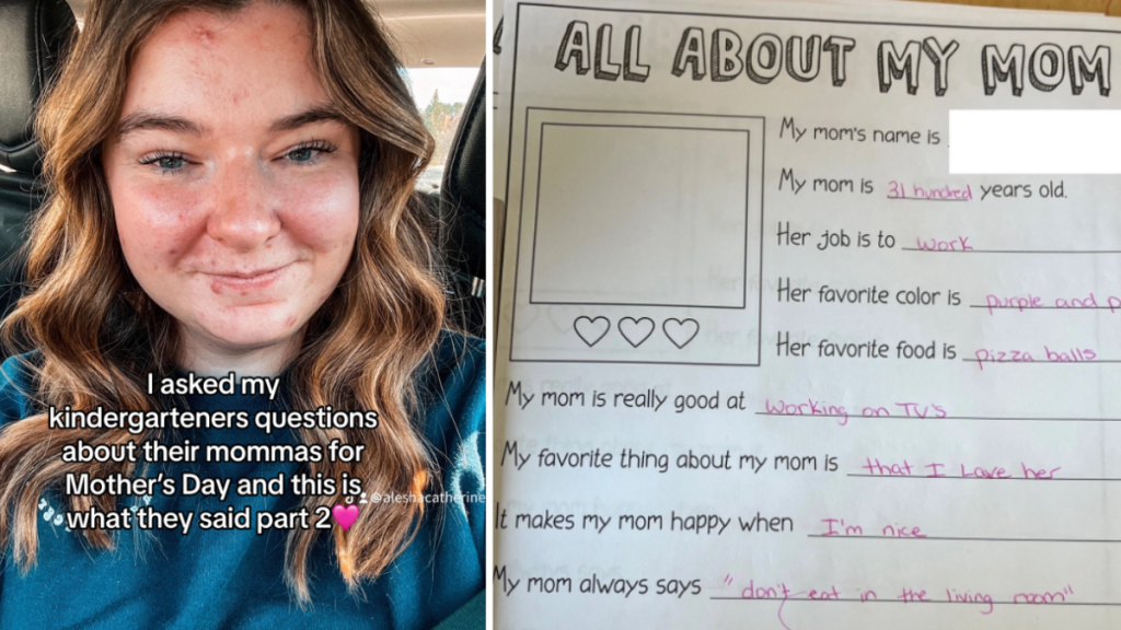 Left image shows a Kindergarten teacher introducing a TikTok slideshow. Right image shows a list of questions the students were asked about their moms (the teacher wrote their answers down).