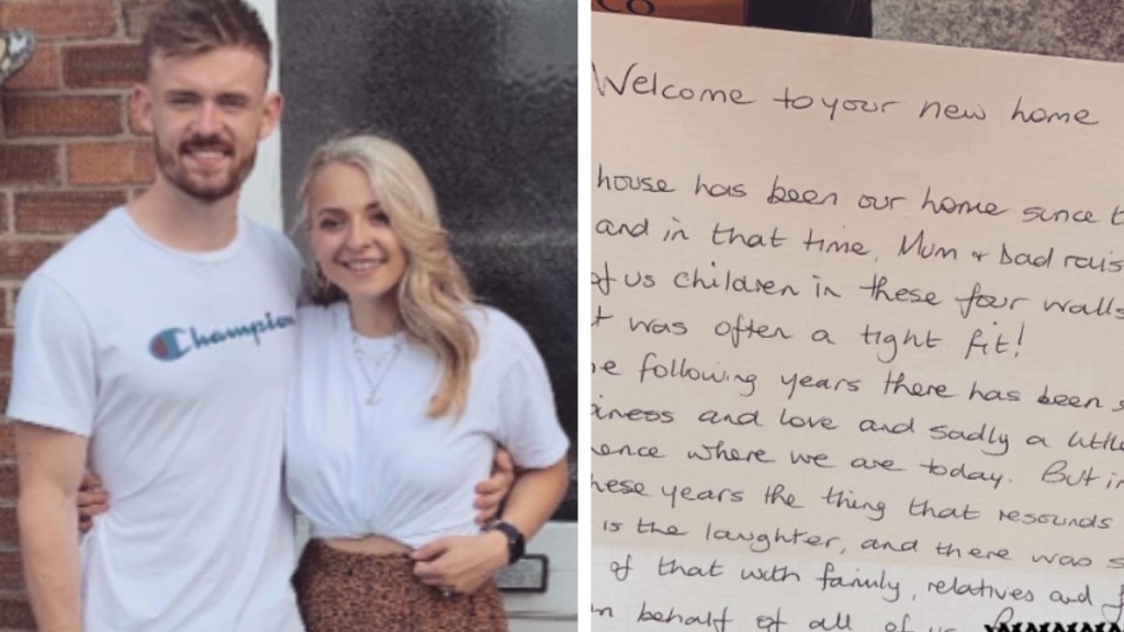 A two-photo collage. The first shows a man and woman smiling as they pose in front of a home. The second is a close up of a letter that can't be fully read. The top reads: Welcome to your new home