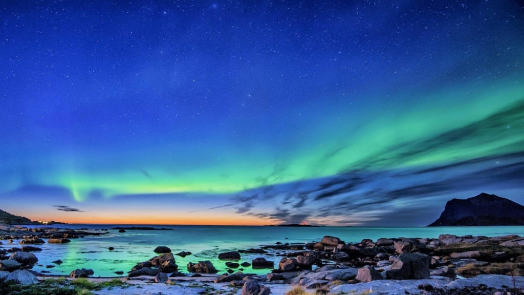 View of the Northern Lights as seen above water