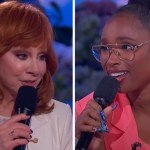 A two-photo collage. The first is a close up of Reba singing into a mic. The second image shows a close up of Jennifer Hudson also singing into a mic.