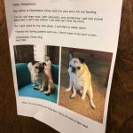 A message taped to a door with pictures of a pug on it.